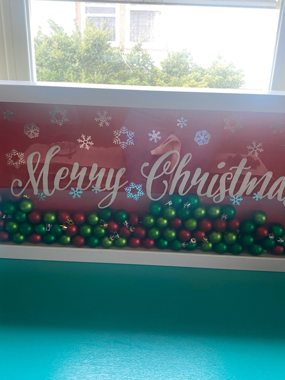 Merry Christmas Shadow Box with Red and Green Ornaments